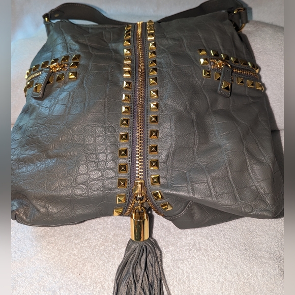 Betsey Johnson leather studded tassel hobo shoulder bag. - Picture 8 of 12